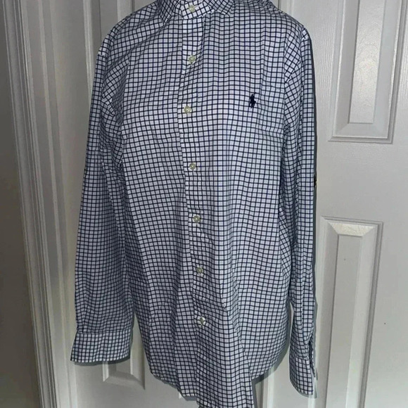 Polo Ralph Lauren Men White & Navy Gingham Button-Up Sz Med- Blue Pony - Picture 1 of 6
